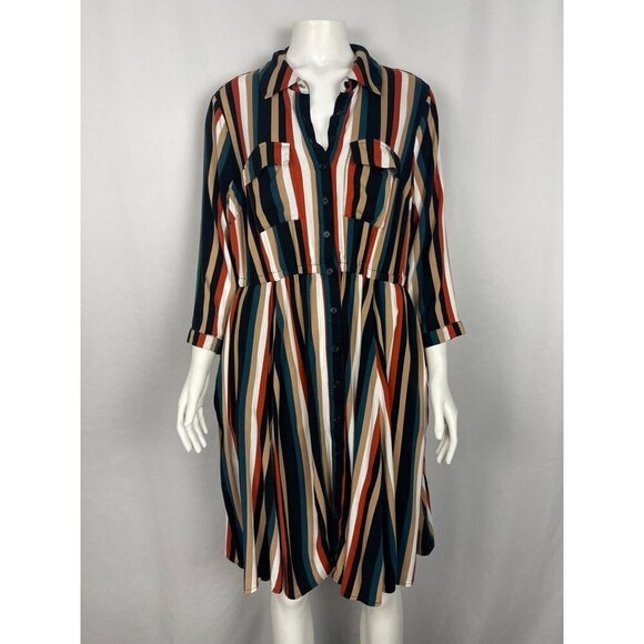 Torrid Striped Shirt Dress 0 Large 12 Pockets 3/4 Sleeve Button Front Collared - Picture 1 of 7